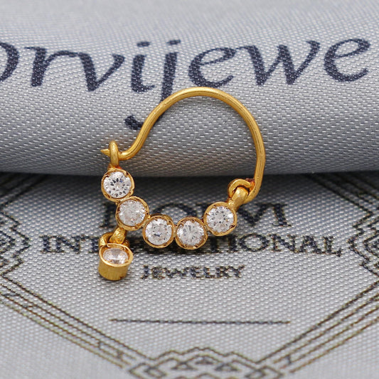 22kt 22k gold white zircon nose ring nath handmade indian jewelry, K6567