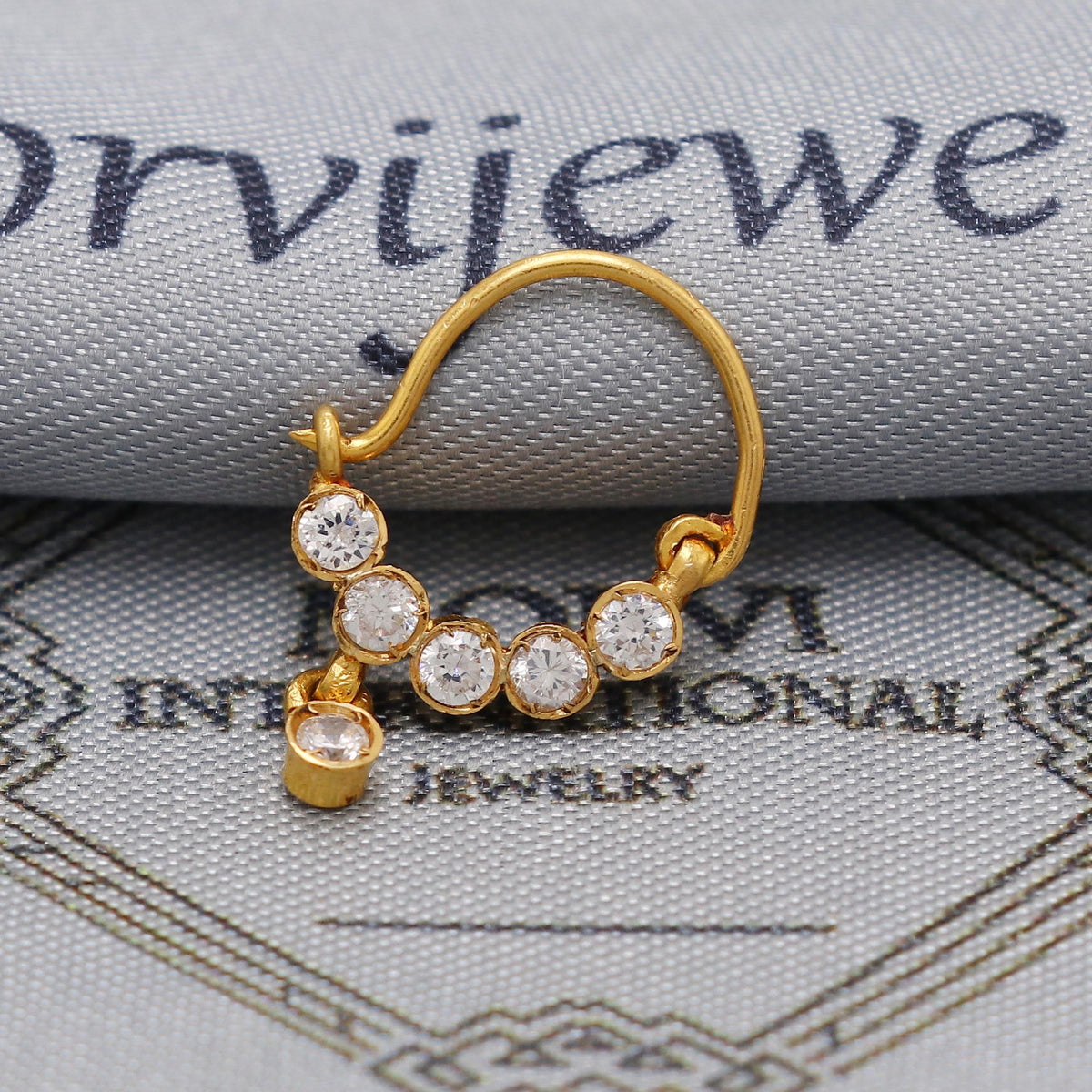 22kt 22k gold white zircon nose ring nath handmade indian jewelry, K6567