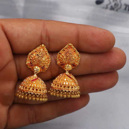 22k yellow gold earrings jhumka jewelry, handmade vintage Pure Traditional wedding indian style Jhumki Earrings Chandelier, K6569