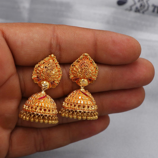 22k yellow gold earrings jhumka jewelry, handmade vintage Pure Traditional wedding indian style Jhumki Earrings Chandelier, K6569