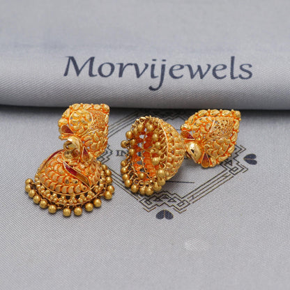 22k yellow gold earrings jhumka jewelry, handmade vintage Pure Traditional wedding indian style Jhumki Earrings Chandelier, K6569