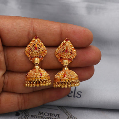 22k yellow gold earrings jhumka jewelry, handmade vintage Pure Traditional wedding indian style Jhumki Earrings Chandelier, K6571