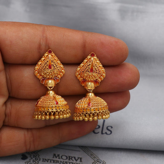 22k yellow gold earrings jhumka jewelry, handmade vintage Pure Traditional wedding indian style Jhumki Earrings Chandelier, K6571