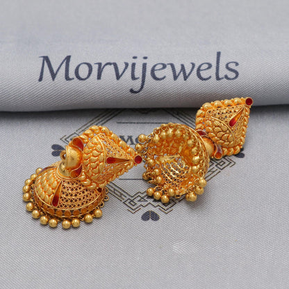22k yellow gold earrings jhumka jewelry, handmade vintage Pure Traditional wedding indian style Jhumki Earrings Chandelier, K6571