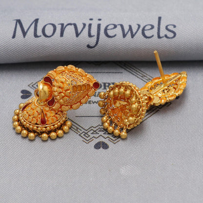 22k yellow gold earrings jhumka jewelry, handmade vintage Pure Traditional wedding indian style Jhumki Earrings Chandelier, K6572