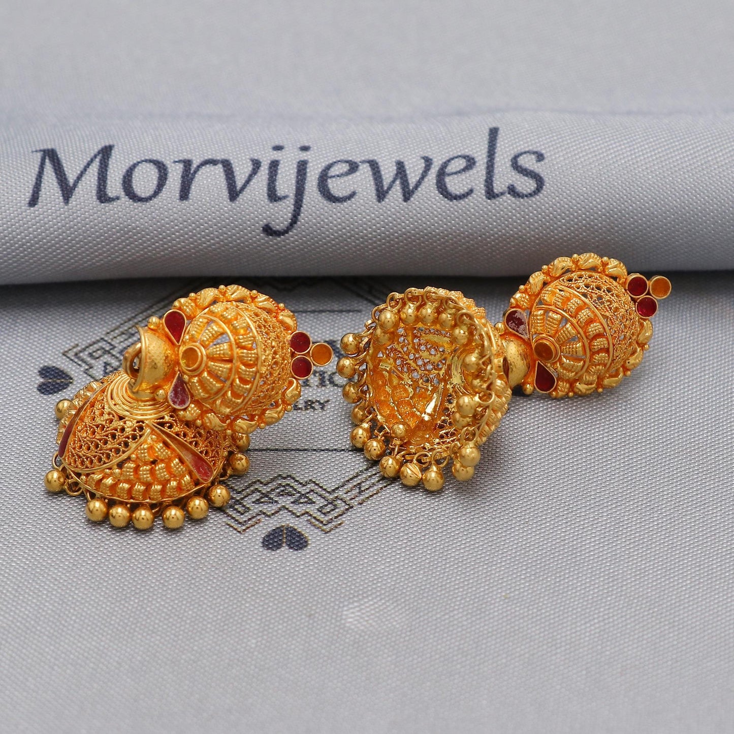 22k yellow gold earrings jhumka jewelry, handmade vintage Pure Traditional wedding indian style Jhumki Earrings Chandelier, K6573