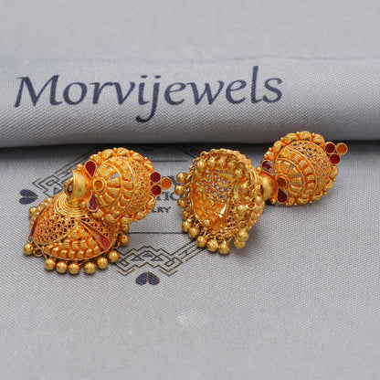 22k yellow gold earrings jhumka jewelry, handmade vintage Pure Traditional wedding indian style Jhumki Earrings Chandelier, K6573