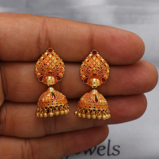 22k yellow gold earrings jhumka jewelry, handmade vintage Pure Traditional wedding indian style Jhumki Earrings Chandelier, K6575