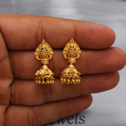 Small 22k yellow gold earrings jhumka jewelry, handmade vintage Pure Traditional wedding indian style Jhumki Earrings Chandelier, K6577