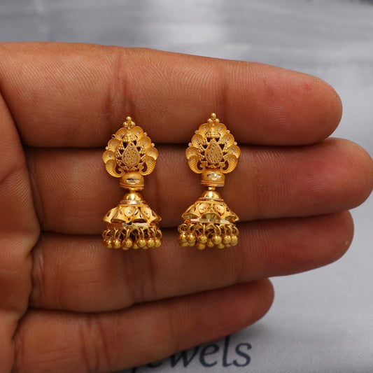 Small 22k yellow gold earrings jhumka jewelry, handmade vintage Pure Traditional wedding indian style Jhumki Earrings Chandelier, K6577