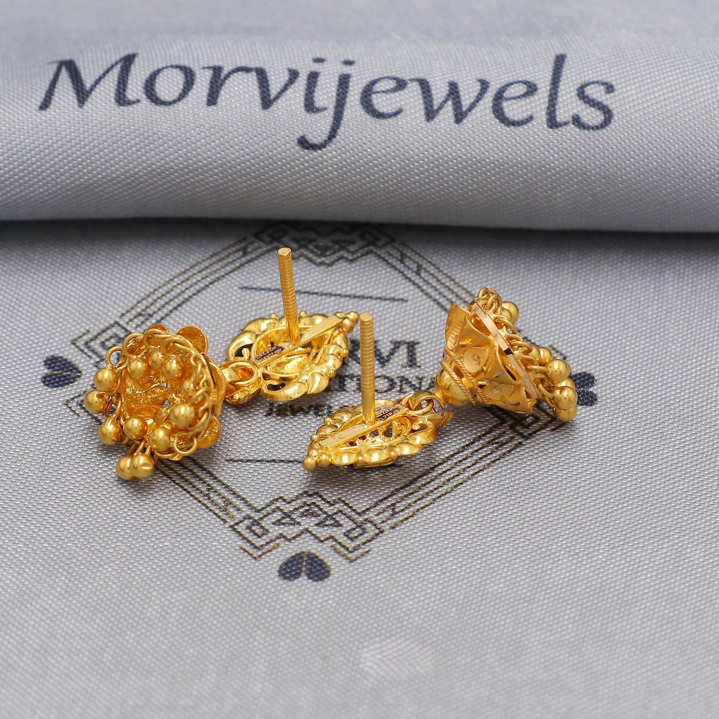 Small 22k yellow gold earrings jhumka jewelry, handmade vintage Pure Traditional wedding indian style Jhumki Earrings Chandelier, K6577