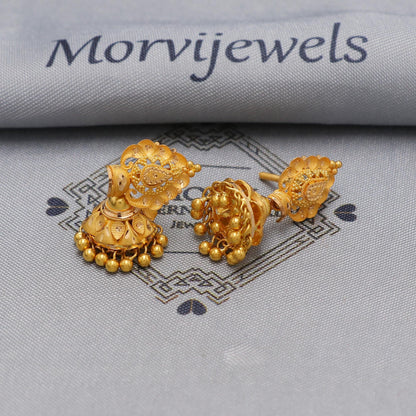 Small 22k yellow gold earrings jhumka jewelry, handmade vintage Pure Traditional wedding indian style Jhumki Earrings Chandelier, K6577