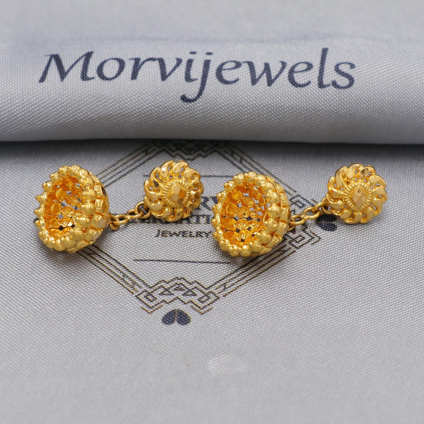 Small 22k yellow gold earrings stud with dangling , handmade vintage Pure Traditional wedding indian style Jhumki Earrings Chandelier, K6578