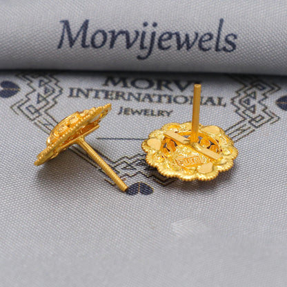 22k Yellow Gold earrings stud tops flower, vintage antique design indian gold earrings jewelry