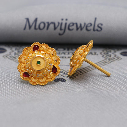 22k Yellow Gold earrings stud tops flower, vintage antique design indian gold earrings jewelry