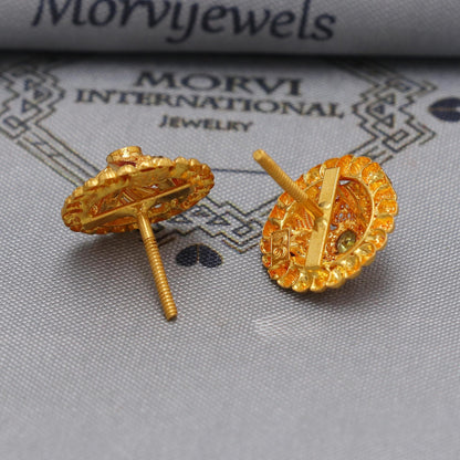 22k Yellow Gold earrings stud tops flower, vintage antique design indian gold earrings jewelry, K6584