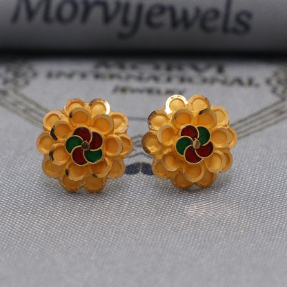 22k Yellow Gold earrings stud tops flower, vintage antique design indian gold earrings jewelry, K6585