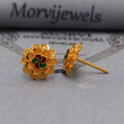 22k Yellow Gold earrings stud tops flower, vintage antique design indian gold earrings jewelry, K6585