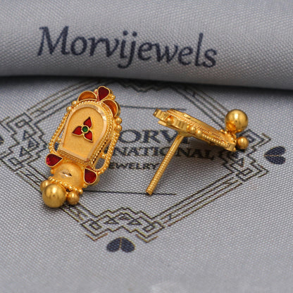 22k Gold Stud Dangle Earrings  , Handmade Yellow gold earrings for women, vintage antique design indian gold earrings jewelry