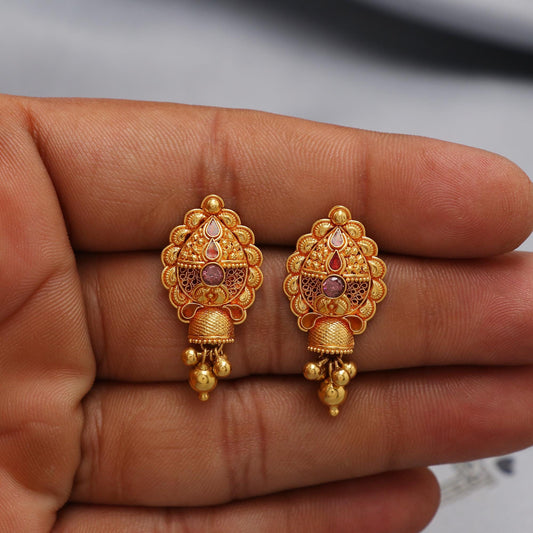 Colorful  22k Gold Stud Dangle Earrings  , Handmade Yellow gold earrings for women, vintage antique design indian gold earrings jewelry