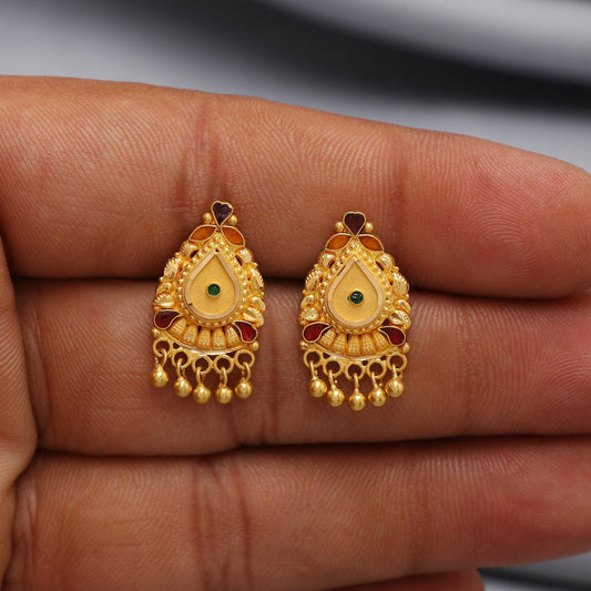 22k Gold Stud Earrings with dangling beads , Handmade Yellow gold earrings for women, vintage antique design indian gold earrings jewelry