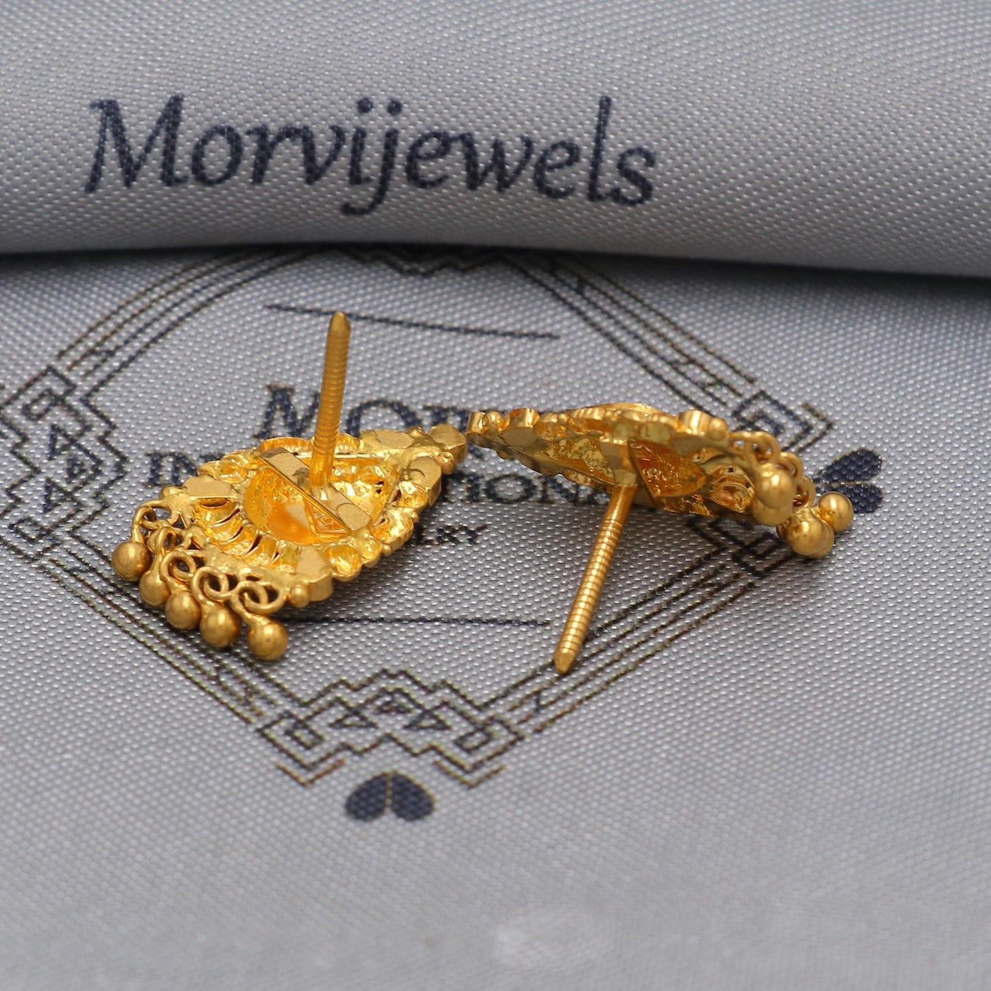 22k Gold Stud Earrings with dangling beads , Handmade Yellow gold earrings for women, vintage antique design indian gold earrings jewelry