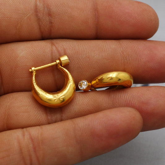 18k Yellow Gold Hoop earrings Bali Earrings, Huggies, Handmade gold Kundal earrings for women, Christmas gift, Indian gold men women earring