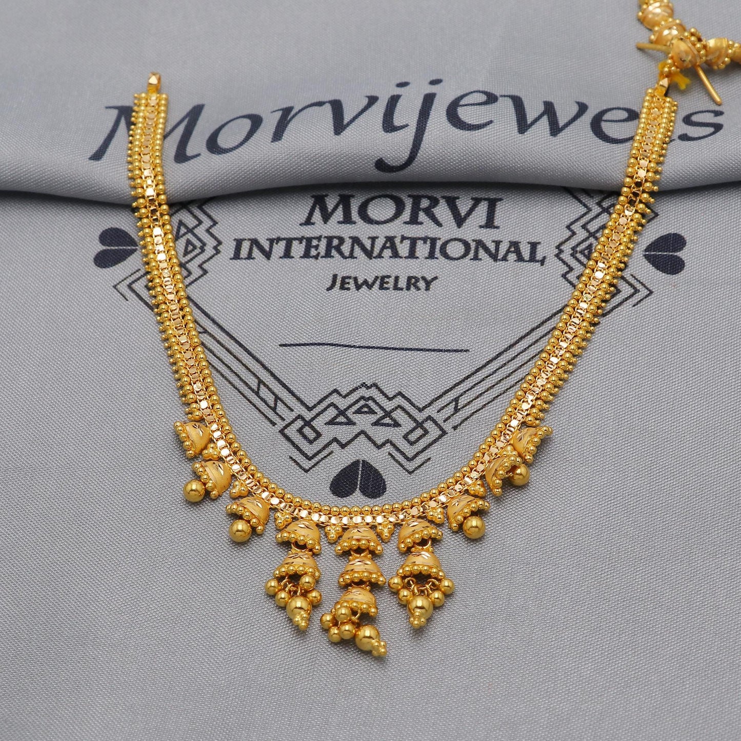 22k Yellow Gold Choker Necklace Set with Earrings, Jhumki Style Indian Pure Gold Set, Indian Gold Jewelry, Wedding Party Necklace, K6448