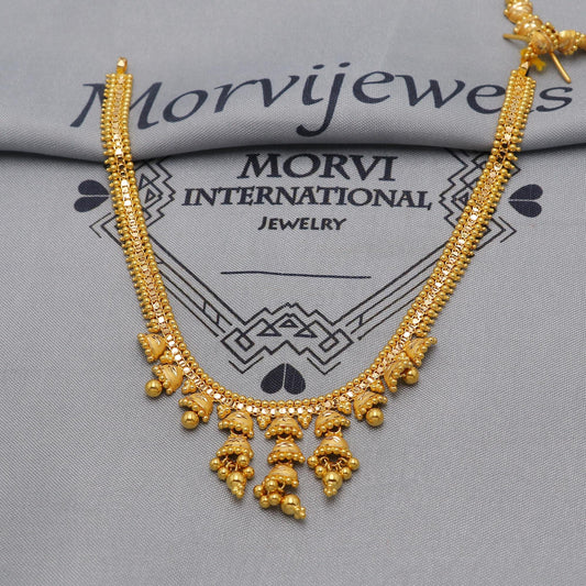 22k Yellow Gold Choker Necklace Set with Earrings, Jhumki Style Indian Pure Gold Set, Indian Gold Jewelry, Wedding Party Necklace, K6448