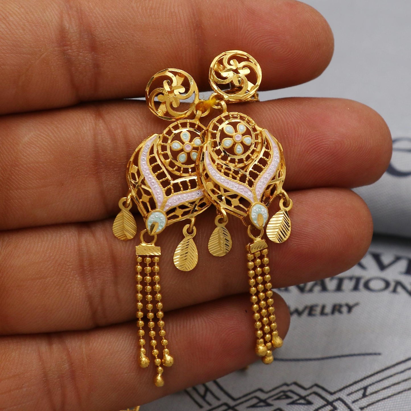 22k Yellow Gold Necklace Set with Earrings, Floral Enameled Pure Gold Set, Indian Gold Women Jewelry, Wedding Party Necklace, K6449