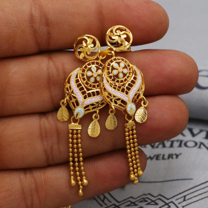 22k Yellow Gold Necklace Set with Earrings, Floral Enameled Pure Gold Set, Indian Gold Women Jewelry, Wedding Party Necklace, K6449