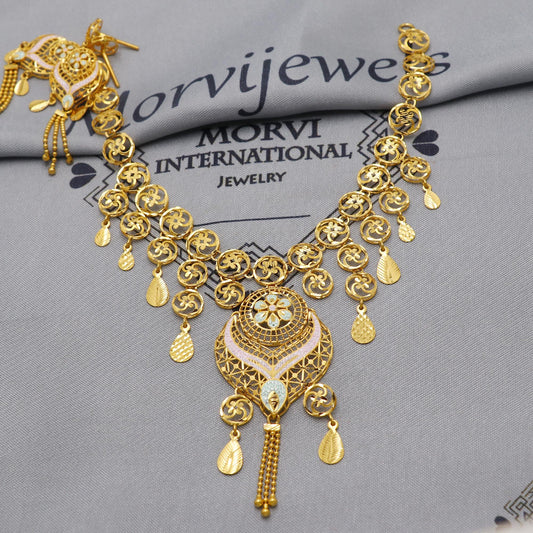 22k Yellow Gold Necklace Set with Earrings, Floral Enameled Pure Gold Set, Indian Gold Women Jewelry, Wedding Party Necklace, K6449