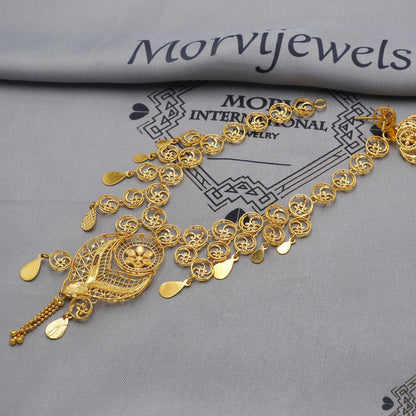 22k Yellow Gold Necklace Set with Earrings, Floral Enameled Pure Gold Set, Indian Gold Women Jewelry, Wedding Party Necklace, K6449