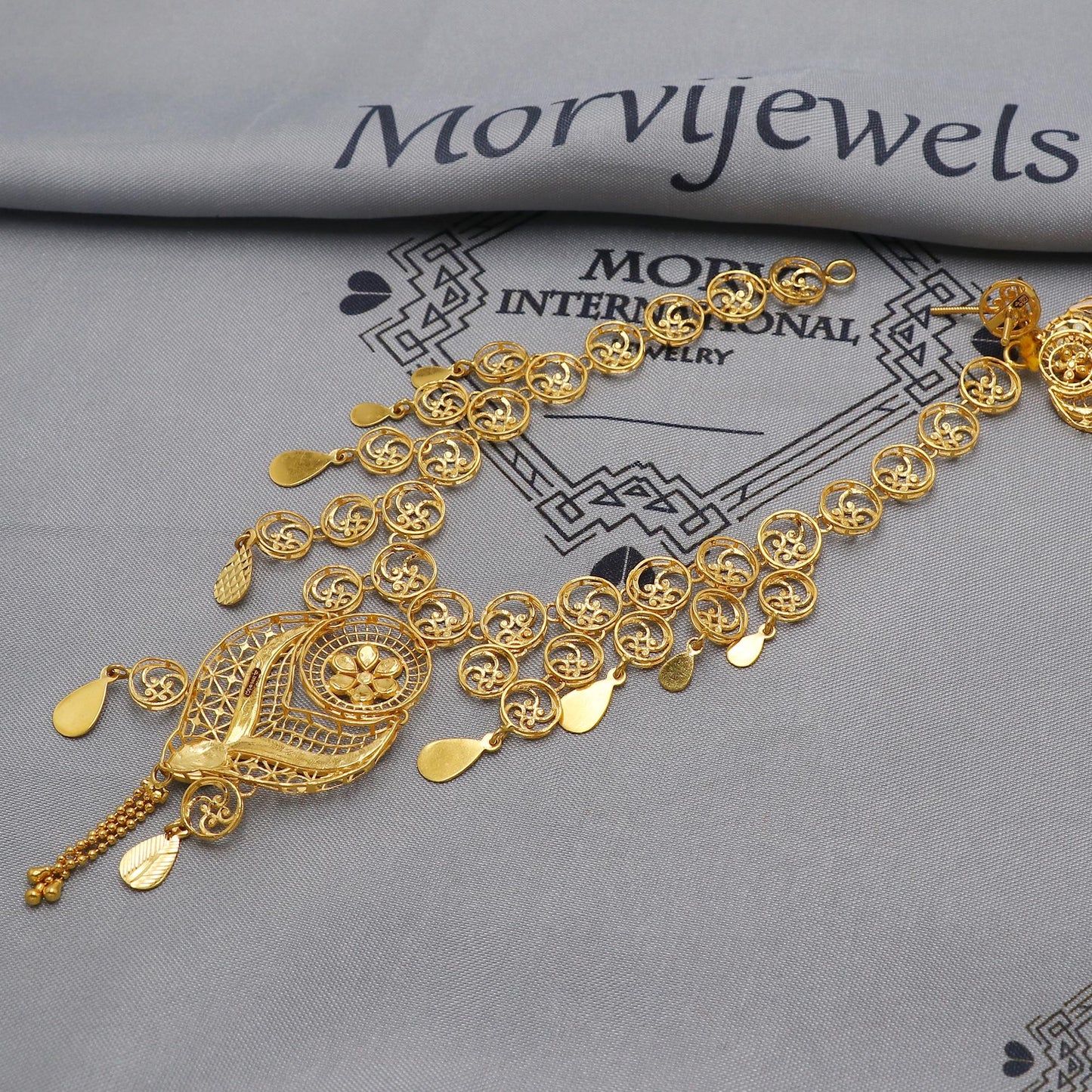 22k Yellow Gold Necklace Set with Earrings, Floral Enameled Pure Gold Set, Indian Gold Women Jewelry, Wedding Party Necklace, K6449