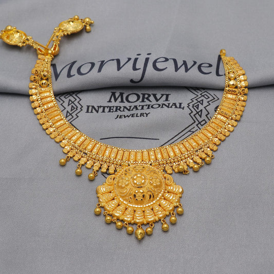 22k Yellow Gold Choker Necklace Set with Earrings, Vintage antique Indian Pure Gold Set, Indian Gold Jewelry, Wedding Party Necklace, K6450