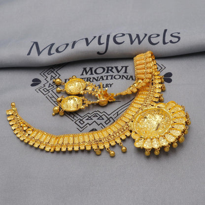 22k Yellow Gold Choker Necklace Set with Earrings, Vintage antique Indian Pure Gold Set, Indian Gold Jewelry, Wedding Party Necklace, K6450