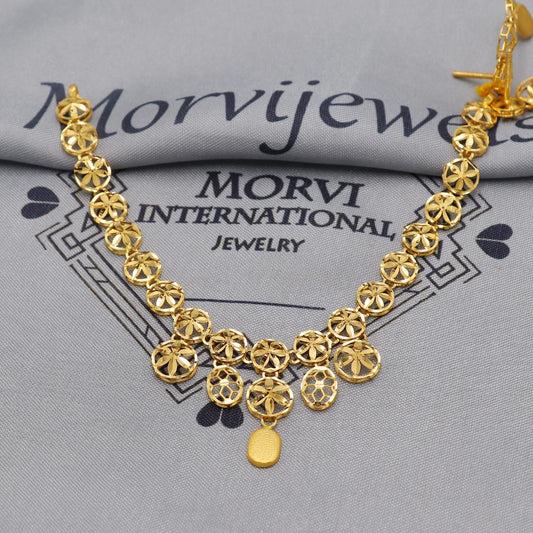 22k Yellow Gold Necklace Set with Earrings, Floral Flower Pure Gold Set, Indian Gold Women Jewelry, Wedding Party Necklace, K6451