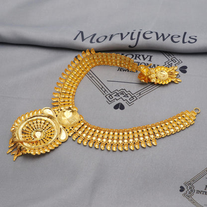 22k Yellow Gold Choker Necklace Set with Earrings, Vintage antique Indian Pure Gold Set, Indian Gold Jewelry, Wedding Party Necklace, K6452