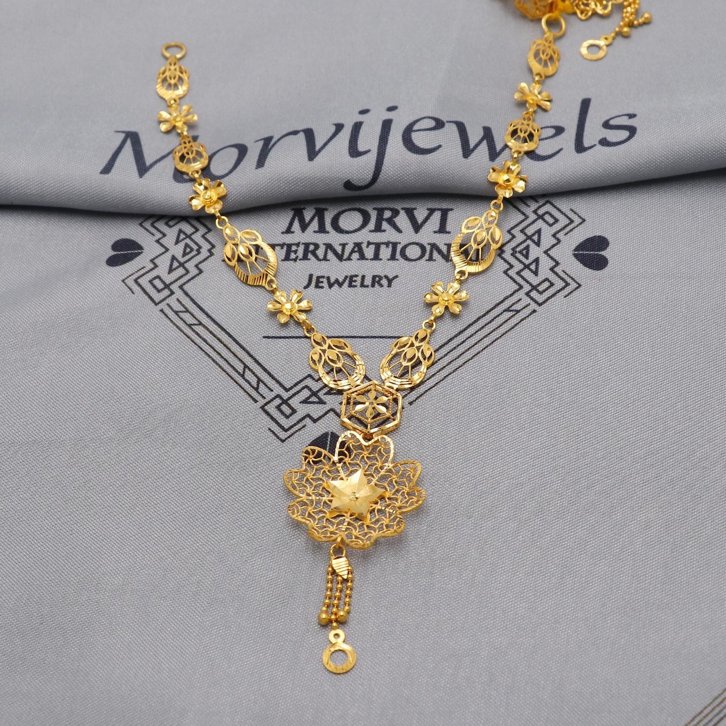 22k Yellow Gold Necklace Set with Earrings, Filigree Style Pure Gold Set, Indian Gold Women Jewelry, Wedding Party Necklace, K6453
