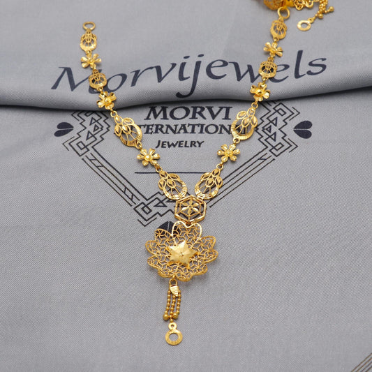 22k Yellow Gold Necklace Set with Earrings, Filigree Style Pure Gold Set, Indian Gold Women Jewelry, Wedding Party Necklace, K6453