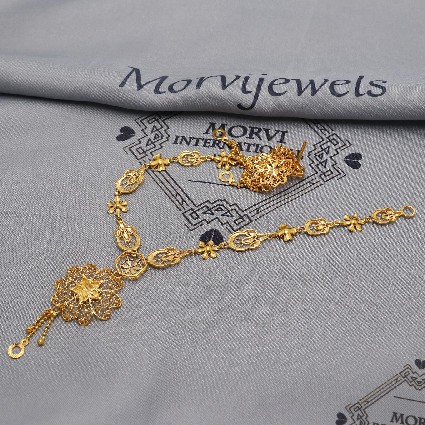 22k Yellow Gold Necklace Set with Earrings, Filigree Style Pure Gold Set, Indian Gold Women Jewelry, Wedding Party Necklace, K6453