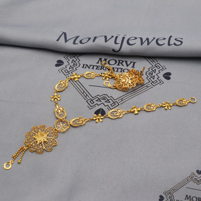 22k Yellow Gold Necklace Set with Earrings, Filigree Style Pure Gold Set, Indian Gold Women Jewelry, Wedding Party Necklace, K6453