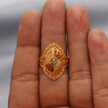 Peridot 22k Yellow Gold Ring Size 7.5 US and All, Hallmark Women Gold Ring Jewelry, Indian Meena Gold Ring, Wedding Gold Ring, K6617