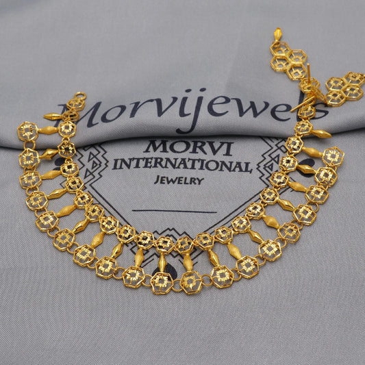 22k Yellow Gold Necklace Set with Earrings, Filigree Style Pure Gold Set, Indian Gold Women Jewelry, Wedding Party Necklace, K6454