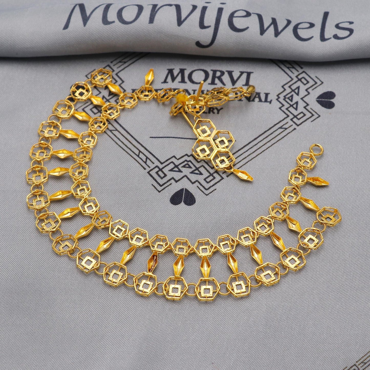 22k Yellow Gold Necklace Set with Earrings, Filigree Style Pure Gold Set, Indian Gold Women Jewelry, Wedding Party Necklace, K6454
