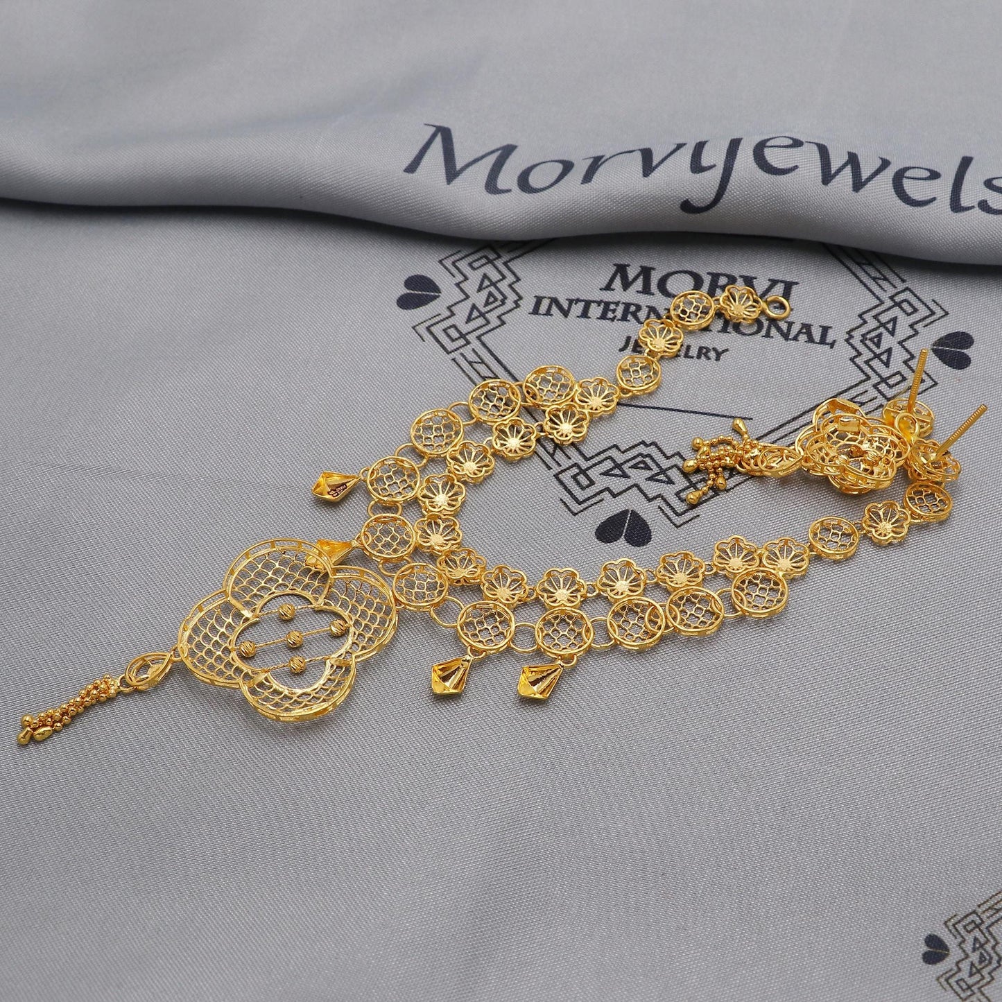 22k Yellow Gold Necklace Set with Earrings, Filigree Style Pure Gold Set, Indian Gold Women Jewelry, Wedding Party Necklace, K6455