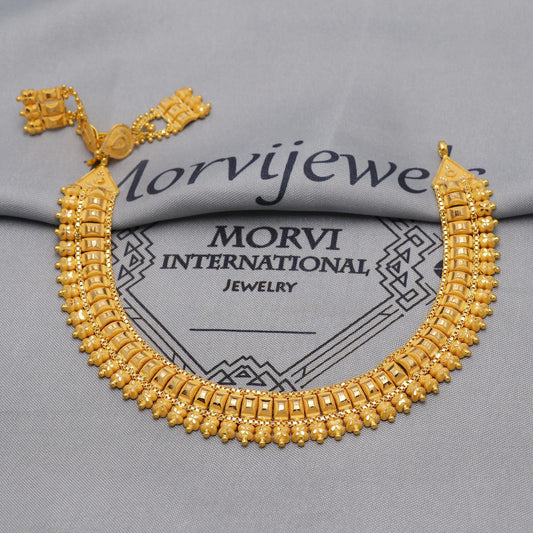 22k Yellow Gold Choker Necklace Set with Earrings, Indian Pure Gold Set, Indian Gold Jewelry, Wedding Indian Style Party Necklace, K6456