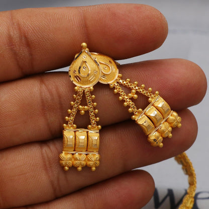 22k Yellow Gold Choker Necklace Set with Earrings, Indian Pure Gold Set, Indian Gold Jewelry, Wedding Indian Style Party Necklace, K6456