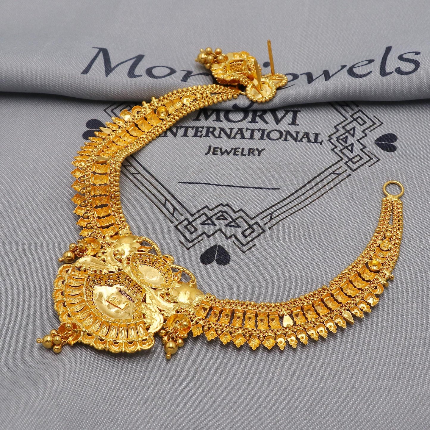 22k Yellow Gold Choker Necklace Set with Earrings, Indian Pure Gold Set, Indian Gold Jewelry, Wedding Indian Style Party Necklace, K6457