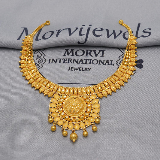 22k Yellow Gold Necklace Handmade Pure Gold Indian Jewelry Set, Women Gold Jewelry, Wedding Party Necklace, K6459